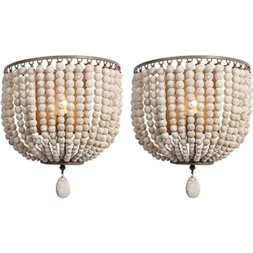 Newrays Vintage Wood Bead Wall Lamp Retro Antique with Hard Wired for Bedroom Fixtures (Gray White-2 Pack)