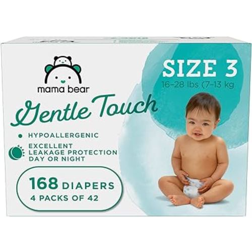 Amazon Brand - Mama Bear Gentle Touch Diapers, Hypoallergenic, Size 3, 168 Count (4 packs of 42), White