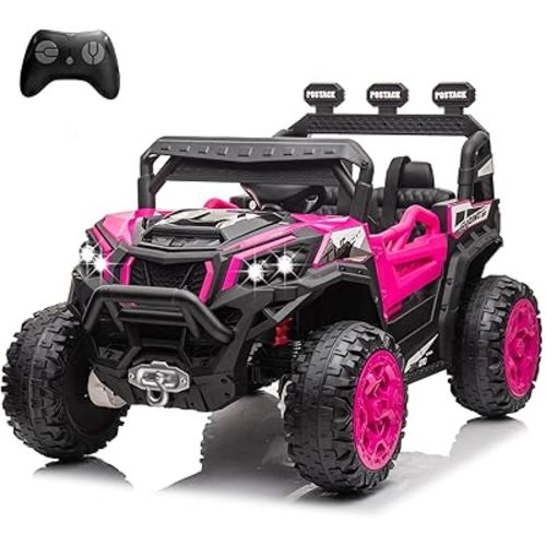 Electric UTV for Kids, 24V Riding Cars for Kids Ages 4-8, Battery Operated Car with Remote Control for Parent, Children Car with Bluetooth 3 Speeds LED Lights Storage Trunk,Pink