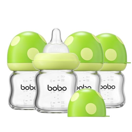 YOHKOH Biberón de vidrio natural con pezón de respuesta natural, biberones anticólicos para recién nacidos, biberón con tapa de hongo de cuello ancho, transparente (verde, 3.4 onzas (paquete de 4))