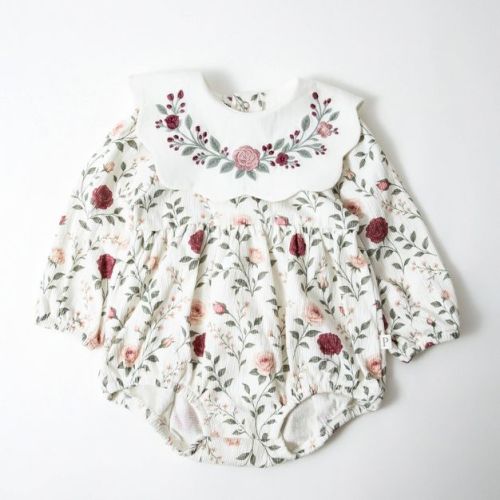 Picolette by Olivia Culpo Baby Girls' Floral bib Long Sleeve Romper - Ivory/Pink 6-9M