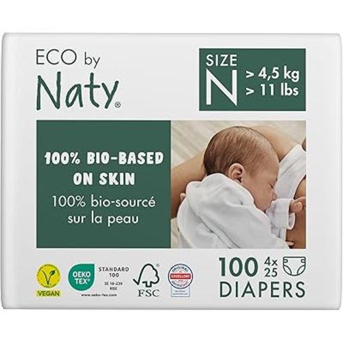 Eco by Naty Eco-Friendly Baby Diapers Newborn - 100% Plant-Based Materials on Skin, Extra Soft, for Sensitive Skin & Super Absorbent (Size N, 100 Count)