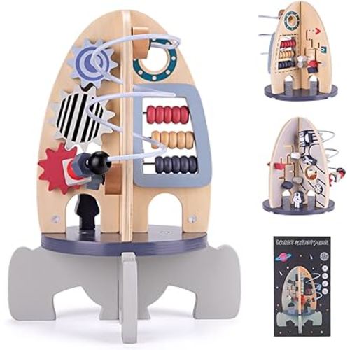 Space Wooden Activity Cube Toys for Baby, Montessori Toys for 1 Year Old Boy & Girl Birthday Gifts, Sensory and Educational 1st Birthday Gifts, Busy Board Toys for Baby Boy 6-18 Months (Rocket)