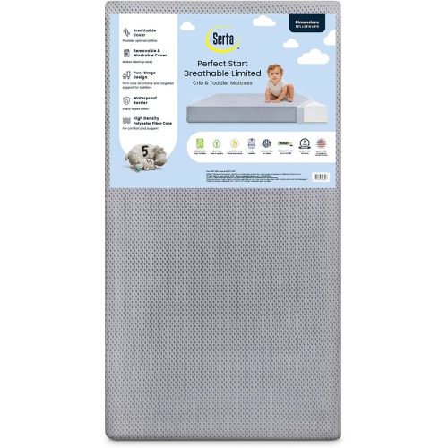 Serta Perfect Start Breathable Limited Two -Stage Crib Mattress and Toddler Mattress - Breathable Cover and Fiber Core, Machine Washable Cover, Waterproof, 7 Year Warranty, Made in USA