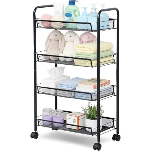 LOFTEY 4 Tier Rolling Storage Cart, Small Metal Utility Cart on Wheels, Rolling Organizer Carts for Kitchen, Bathroom, Laundry Room, Office, Easy No-Tool Assembly, Black