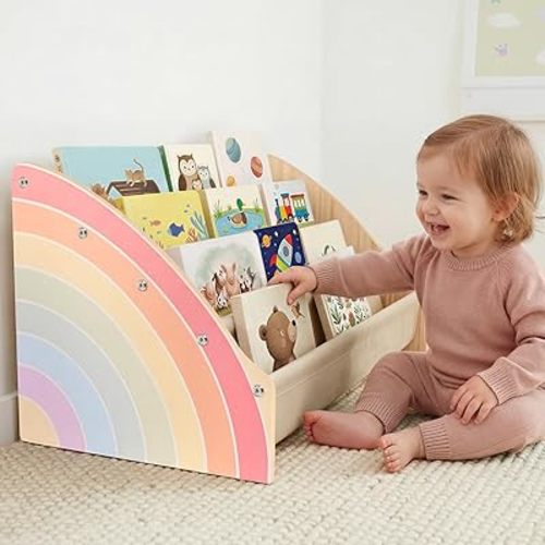 Toddler Bookshelf 4 Tier Solid Wood Montessori Nursery Book Organizer Kids