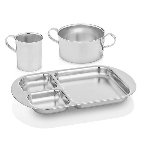 Montessori Children Stainless Steel Dinnerware Set, Education (1 Bowl, 1 Cup, 1 Divided Plate).High Grade Stainless #304. Elegant Gift for Baby, Toddler, and Kids. - 3 Piece Set