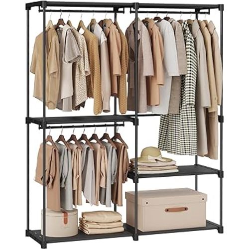 SONGMICS Portable Closet, Freestanding Closet Organizer, Clothes Rack with Shelves, Hanging Rods, Storage Organizer, for Cloakroom, Bedroom, 54.3 x 16.9 x 71.7 Inches, Black URYG025B02