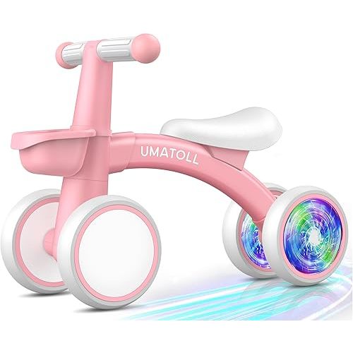 Umatoll Colorful Lighting Baby Balance Bike Toys for 1 Year Old Girl Gifts, Adjustable Seat, First Birthday Gifts, 12-24 Months Toddler Bike, Pink