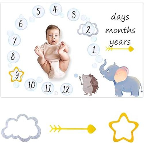 CSFOTO Elephant Hedgehog Monthly Milestone Blanket - Newborn Growth Record Prop First Year Mat - Baby Shower Photography Props 60"x40" With Frames