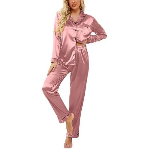 Ekouaer Women's Classic Button Down Long Satin Silk Pajama Set