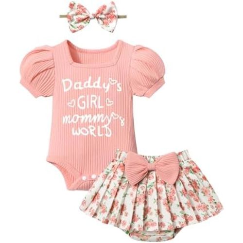 KANGKANG Baby Girl Clothes Short-sleeve Square Neck Romper + Floral Pleated Skirts Shorts Headband Spring Summer Outfits