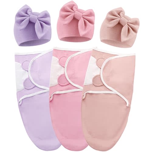 AQOKKA Baby Swaddle Sleep Sacks with Big Bow Hats Cotton Adjustable Swaddle Blankets Wrap Nursery Swaddles for Newborns Boy Girl Infant 0-3 Months