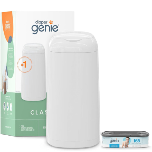 Diaper Genie Classic Pail Includes 1 Starter Square Refill That can Hold up to 165 Newborn-Sized Diapers.