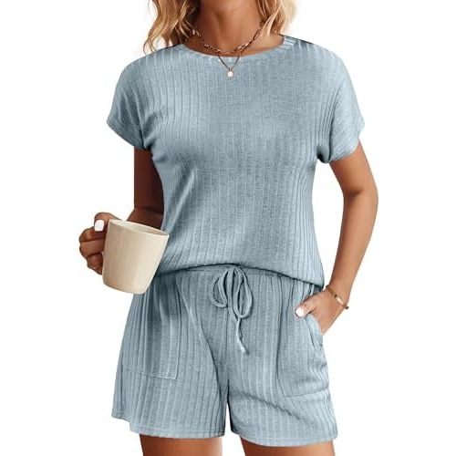 Ekouaer Pajamas Set for Women 2 Piece Pjs Ribbed Knit Lounge Set Cap Sleeve Loungewear Sleepwear S-XXL