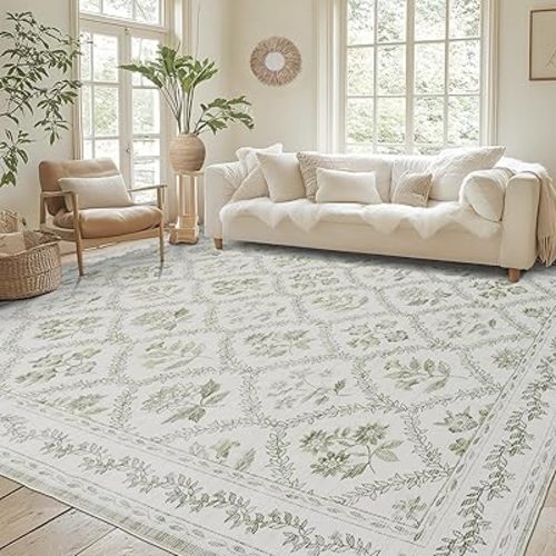 Sage Green Floral 5x8 Area Rug Vintage Boho Washable Printed Rug for Living Room Non-Slip Soft Bedroom Cottagecore Farmhouse Carpet for Dining Room Office Home Light Green and Cream Beige