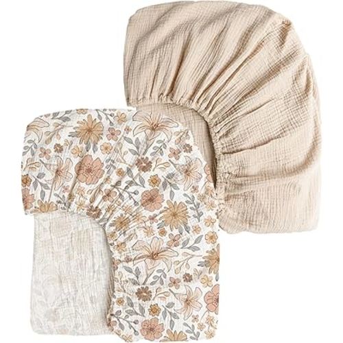 Konssy Muslin Fitted Crib Sheets 2 PCS, 100% Cotton Baby Crib Sheets for Standard Crib Mattress (28 X 52 Inches), Soft and Breathable for Boys, Girls (Bouquet,Cream)