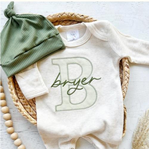 Personalized Baby Boy Outfit | Oatmeal Romper Light Green Stripe Big L – Wonderfully Made