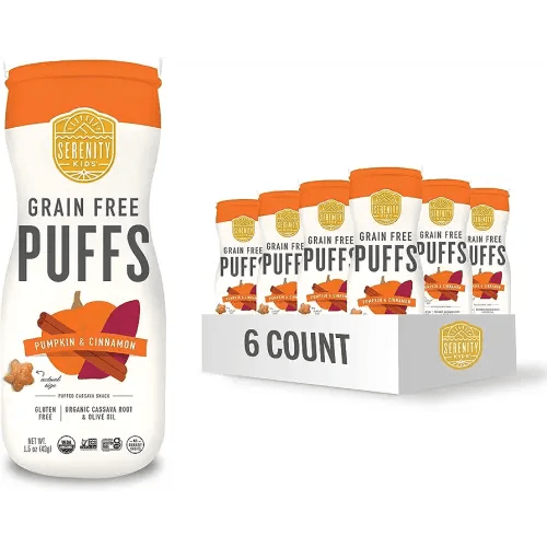 Serenity Kids 6+ Months Grain Free Puffs Toddler & Baby Snack | No Added Sugar, Gluten & Rice Free, Allergen Free | Made with Organic Cassava, Veggies, and Herbs | Pumpkin & Cinnamon | 6 Count