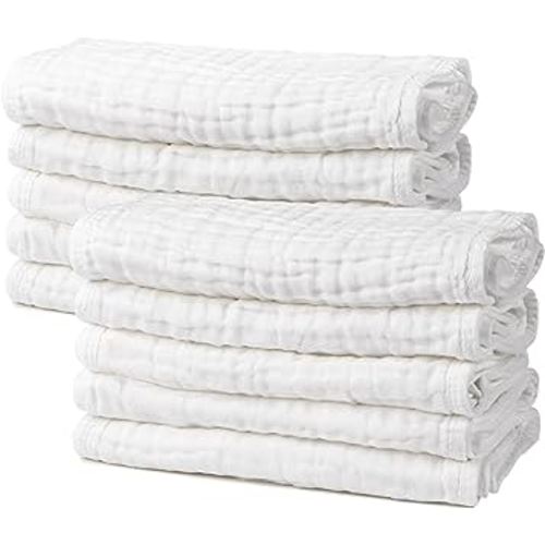 AIDEA Baby Muslin Burp Cloths-10 Pack, 100% Cotton Washcloths for Babies, Soft Breathable Baby Rags for Newborn, Absorbent Baby Towels, Newborn Essentials, Baby Gifts, White, 20" X10"