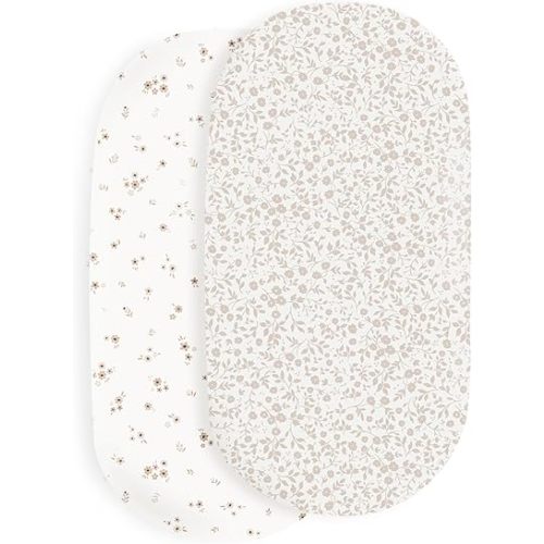 Makemake Organics Organic Cotton Bassinet Sheet (Set of 2) GOTS Certified Organic Bassinet Mattress Cover Fits Hourglass Rectangle Oval - Ultra Soft Breathable (15"x33", Bloom + Gardenia)