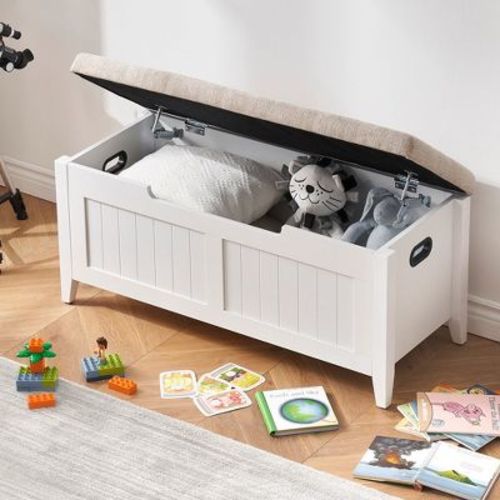 Garvee Storage Chest, Upholstered Storage Trunk with 2 Safety Hinges, Storage Bench, Flip-Top Toy Chest for Entryway, Bedroom, Living Room, White