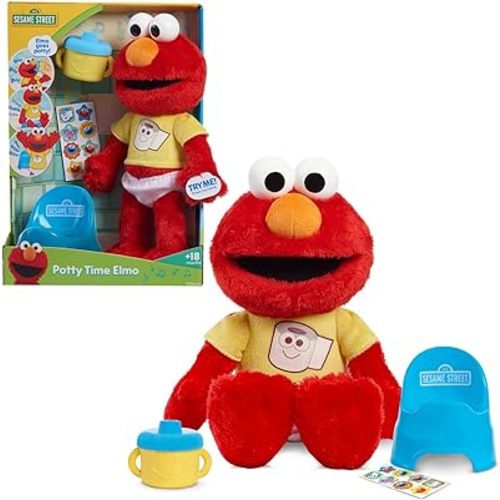 Just Play Sesame Street Potty Time Elmo 12-Inch Sustainable Plush Stuffed Animal, Sounds and Phrases, Potty Training Tool, Kids Toys for Ages 18 Month