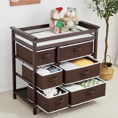 Diaper Changing Table, Wooden Portable Baby Changing Station Dresser With 6 Storage Drawers, Pad, For Nurser, Baby, Newborn Infant, Brown