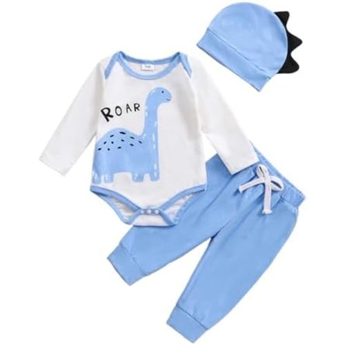 Newborn Infant Baby Boy Outfit Little Brother Romper Infant Letter Print Dinosaur Clothes Drawstring Pants Hat