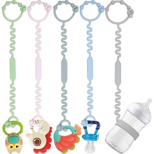 Toy Straps for Baby, Pacifier Holder Clip with Self-Adjusting Bayonet, Pure Silicone Material without BPA; Can Be Used for Teethers, Feeding Bottles, Toys, Baby Cribs, High Chairs(5PS)
