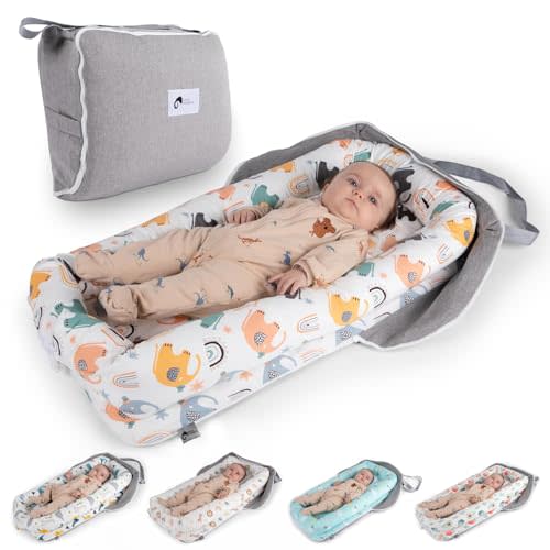 Joyful Journeys Baby Lounger - 2 in 1 Infant Lounger Baby Nest/Diaper Organizer - 100% Cotton Lounger Pillow - Portable Baby Lounger Travel Bed - Newborn Essential - 0-18 Months (Neutral Elephants)