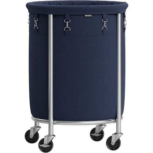 SONGMICS Laundry Basket with Casters, Rolling Laundry Hamper, 29 Gal., Round Laundry Cart with Steel Frame and Removable Bag, 4 Casters and 2 Brakes, Charcoal Blue and Metallic Silver URLS002Q01