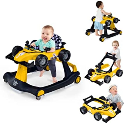 BABY JOY 4-in-1 Baby Walker, Foldable Activity Walker with Adjustable Height & Speed, Music, Lights, Anti-Rollover, Toddler Push Walker, Baby Walker with Wheels for Boys Girls 6-18 Months (Yellow)