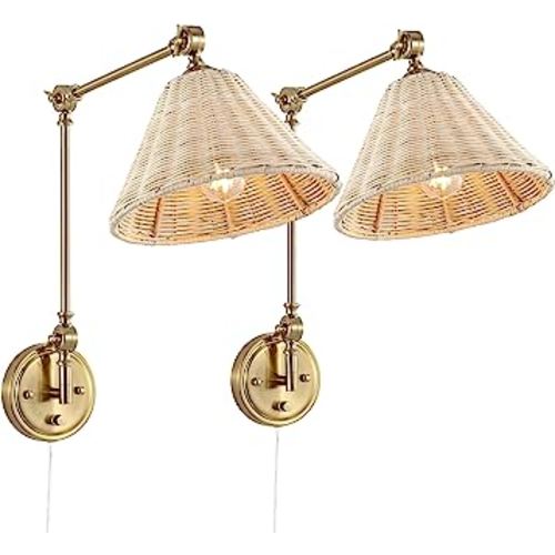 WINGBO Wall Sconce Rattan Wrapped Wall Lamp, Adjustable Swing Arm Wall Light Gold Vintage Bedside Light Fixture Wicker Handmade Shade Brass Reading Light Plug in or Hardwire (2 Pack)