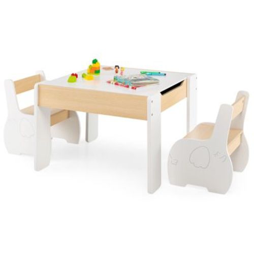 Infans 4-in-1 Kids Wooden Table & 2 Chairs Set w/ Storage Detachable Blackboard Drawing
