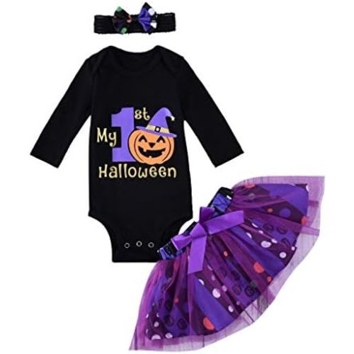 My First Halloween Outfit for Baby Girl Pumpkin Bodysuit and Tutu Skirt with Bow Headband Clothes 3 Pcs Set