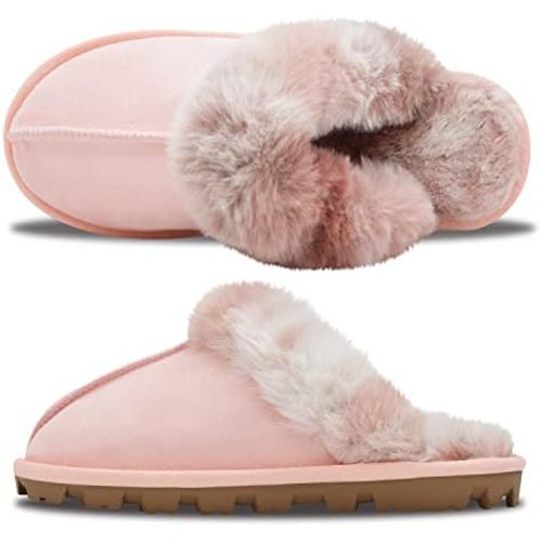Womens Fuzzy Plush Slippers Outdoor Indoor Faux Fur House Shoes Anti-slip Rubber Sole