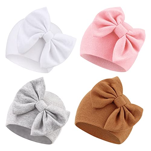 DRESHOW BQUBO 4 Pack Newborn Hospital Hat Infant Baby Hat Cap with Big Bow Soft Cute Knot Nursery Beanie