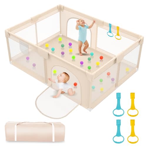 Abdtech Playpen for Babies and Toddlers 71x59inch - Extra Large Baby Gate Playpen with Soft Breathable Mesh Cover - Indoor and Outdoor Baby Playpen - Portable Playpen for Babies (Apricot)