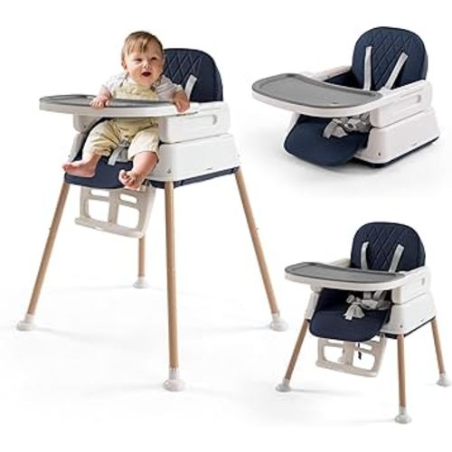 3 in 1 Baby High Chair, Portable High Chairs for Babies and Toddlers, Adjustable Convertible Infant Baby Feeding Chair Booster for Eating with Detachable Double Tray, 5 Point Harness, Footrest Blue
