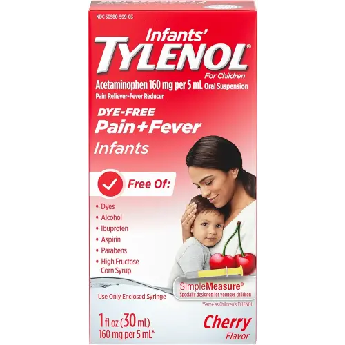 Tylenol Infants Oral Suspension Liquid Medicine with Acetaminophen, Baby Fever Reducer & Pain Reliever for Minor Aches & Pains, Sore Throat, Headache & Teething Pain, Dye-Free Cherry, 1 fl. oz