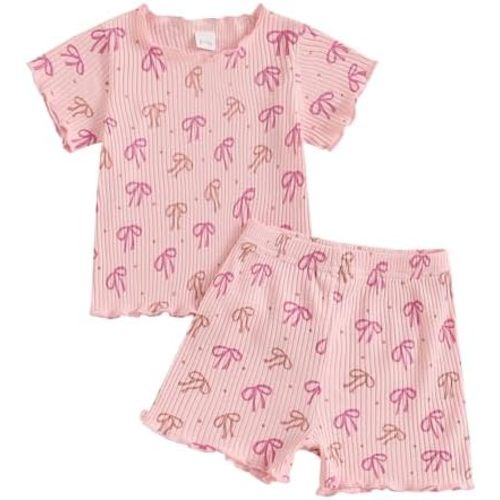 Thorn Tree Baby Girl Summer Outfits Toddler Clothes Cute Bow Tie Print Short Sleeve T-Shirt Pocket Shorts Set