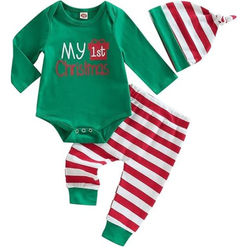 FYBITBO My First Christmas Baby Boy Girl Outfits Newborn Infant Letter Romper Shirt Pants Hat 1St Christmas Clothes Set