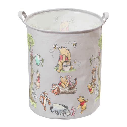 Winnie Nursery Storage Basket With A Waterproof PE Coating, Foldable Large Canvas Laundry Hamper, Barrel Shaped Decorative Storage Baskets Suitable For Bathroom and Bedroom (Gray)