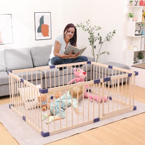 Wooden Baby Playpen, Large Wood Gate Playpen for Babies and Toddlers, Baby Fence Play Yard with Door for Kids Activity Center