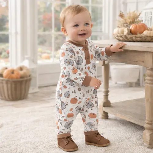 Baby Thanksgiving Henley Romper- 0-3M
