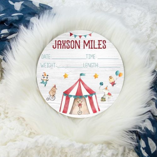 Birth Stat Sign, Round Wood Birth Stat Sign, Circus Birth Stat Sign, Circus Animal Sign, Personalized Birth Stat Sign, Newborn Gift B58