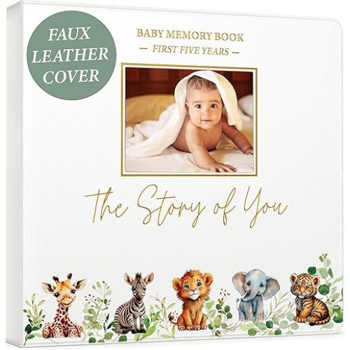 Baby Book Keepsake - Timeless Baby Memory Book for Boy or Girl I First 5 Year I Faux Leather, Gender Neutral, Safari Theme w/Gold Foil Stamp - Baby First Year Book Journal Scrapbook Photo Album Shower