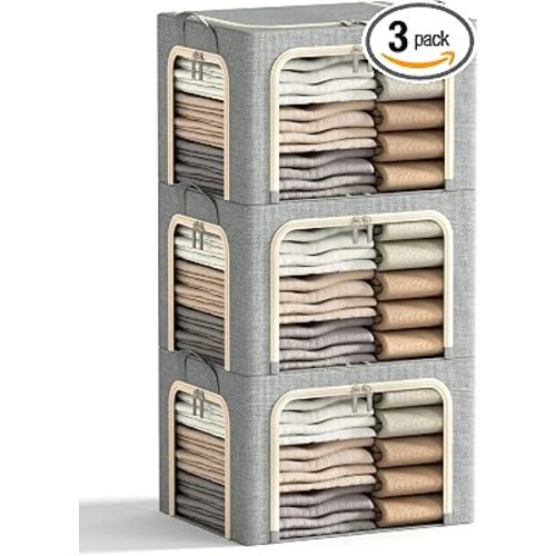 3 Openings Clothes Storage Bins with Metal Frame, Foldable Storage Bin for Clothes, Clothing Storage Bins with Lid, Linen Storage Box With Clear Window& Zippers& Durable Handles.(3 Pcs,Light Grey,40L)