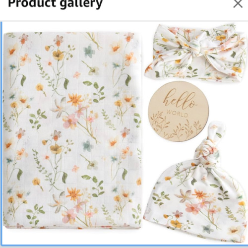 LifeTree Newborn Swaddle Set with Matching Hat and Bow Set, Wooden Birth Announcement Card, Floral Baby Girl Newborn Receiving Blankets Baby Swaddle Nursery Wildflower